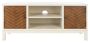 Safavieh Ajana Elegant Media Stand With Chevron Doors, Open Shelf & Stylish Storage For Modern Spaces Distressed White /Honey Brown Doors MED5703C
