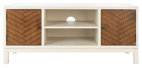 Safavieh Ajana Elegant Media Stand With Chevron Doors, Open Shelf & Stylish Storage For Modern Spaces Distressed White /Honey Brown Doors MED5703C