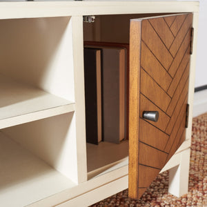 Safavieh Ajana Elegant Media Stand With Chevron Doors, Open Shelf & Stylish Storage For Modern Spaces Distressed White /Honey Brown Doors MED5703C
