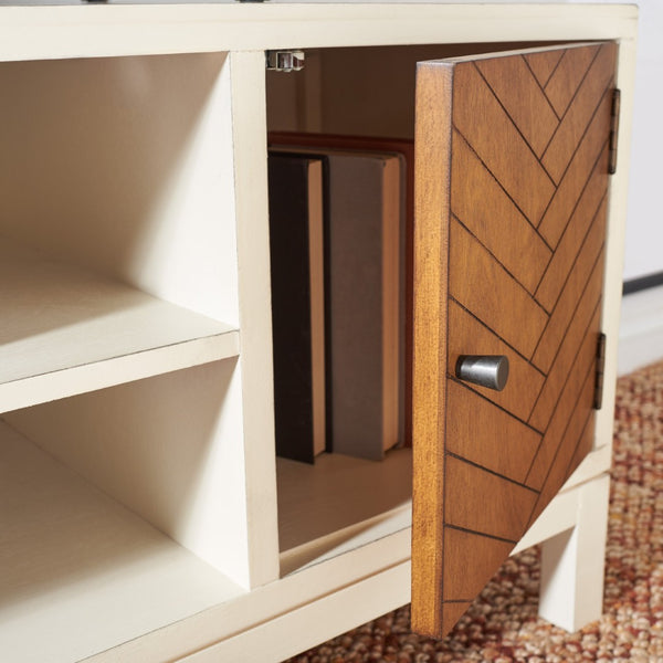 Safavieh Ajana Elegant Media Stand With Chevron Doors, Open Shelf & Stylish Storage For Modern Spaces Distressed White /Honey Brown Doors MED5703C