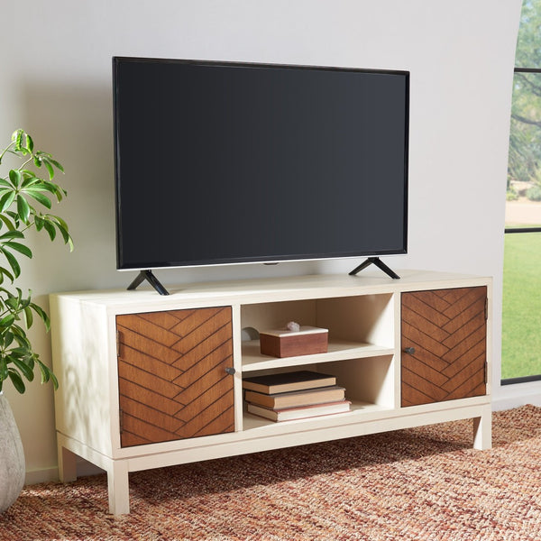 Safavieh Ajana Elegant Media Stand With Chevron Doors, Open Shelf & Stylish Storage For Modern Spaces Distressed White /Honey Brown Doors MED5703C