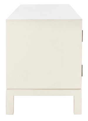 Safavieh Ajana Elegant Media Stand With Chevron Doors, Open Shelf & Stylish Storage For Modern Spaces Distressed White /Honey Brown Doors MED5703C