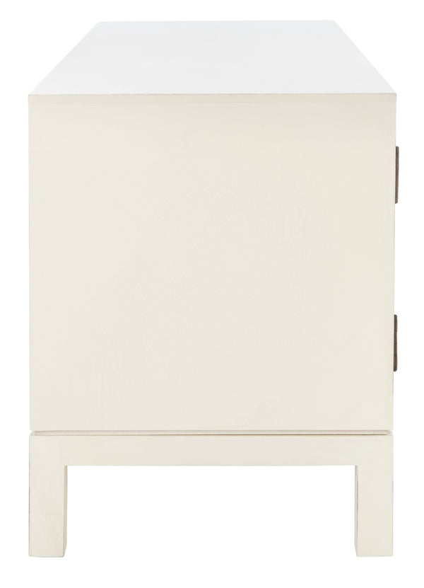 Safavieh Ajana Elegant Media Stand With Chevron Doors, Open Shelf & Stylish Storage For Modern Spaces Distressed White /Honey Brown Doors MED5703C