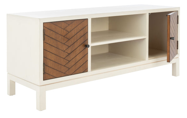 Safavieh Ajana Elegant Media Stand With Chevron Doors, Open Shelf & Stylish Storage For Modern Spaces Distressed White /Honey Brown Doors MED5703C