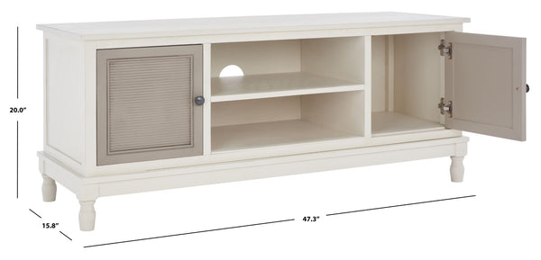 Safavieh Ryder Timeless 2-Door Media Stand With Striated Detail For Organizing Your Entertainment Space Dist White W / Greige Drawers MED5707D