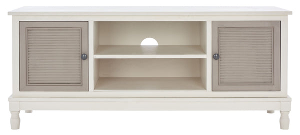 Safavieh Ryder Timeless 2-Door Media Stand With Striated Detail For Organizing Your Entertainment Space Dist White W / Greige Drawers MED5707D