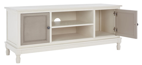 Safavieh Ryder Timeless 2-Door Media Stand With Striated Detail For Organizing Your Entertainment Space Dist White W / Greige Drawers MED5707D