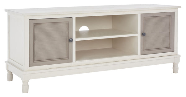 Safavieh Ryder Timeless 2-Door Media Stand With Striated Detail For Organizing Your Entertainment Space Dist White W / Greige Drawers MED5707D