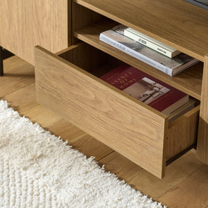 Safavieh Oona Slatted Oak Media Stand with Five Shelves and Drawer for Living Room Oak / Black MED5903A-2BX