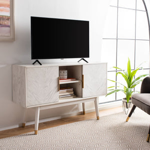 Safavieh Ligia Contemporary Media Stand With Cable Management And Brass Accents For Organized Entertainment Areas White Washed MED6400B