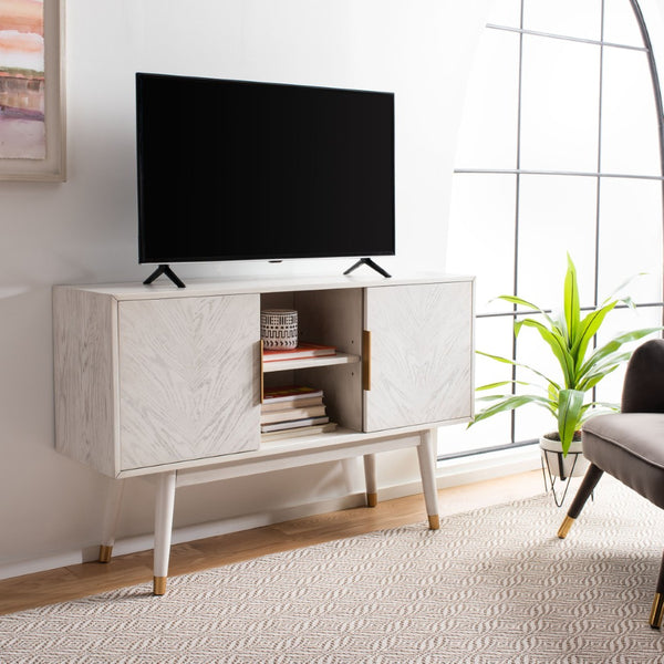 Safavieh Ligia Contemporary Media Stand With Cable Management And Brass Accents For Organized Entertainment Areas White Washed MED6400B