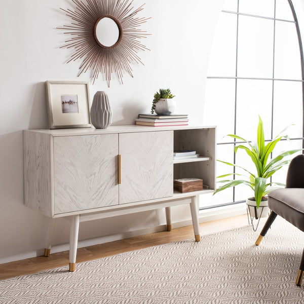 Safavieh Ligia Contemporary Media Stand With Cable Management And Brass Accents For Organized Entertainment Areas White Washed MED6400B