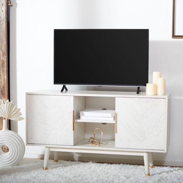 Safavieh Ligia Contemporary Media Stand With Cable Management And Brass Accents For Organized Entertainment Areas White Washed MED6400B