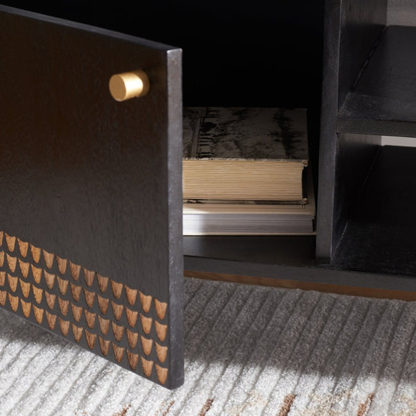 Safavieh Errington 2 Shelf Media Stand - Stylish Black Wood With Hand-Carved Accents For Modern Spaces MED9000A
