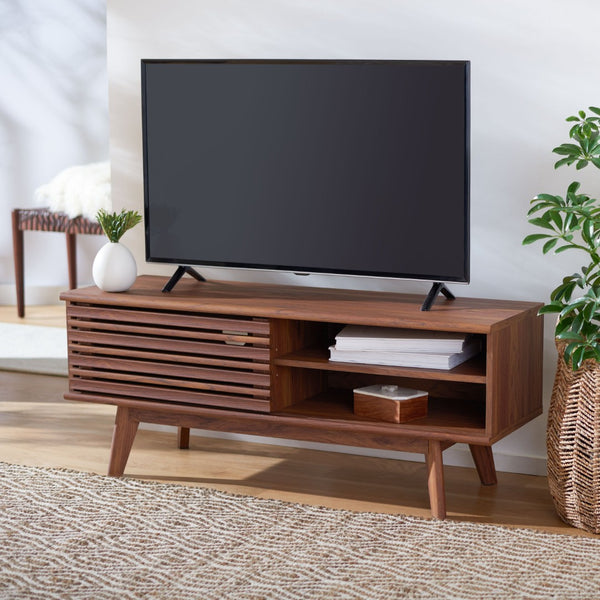 Safavieh Aurelio Vintage-Inspired Media Stand With Two Shelves And Smart Cable Management For Modern Living Walnut MED9600A