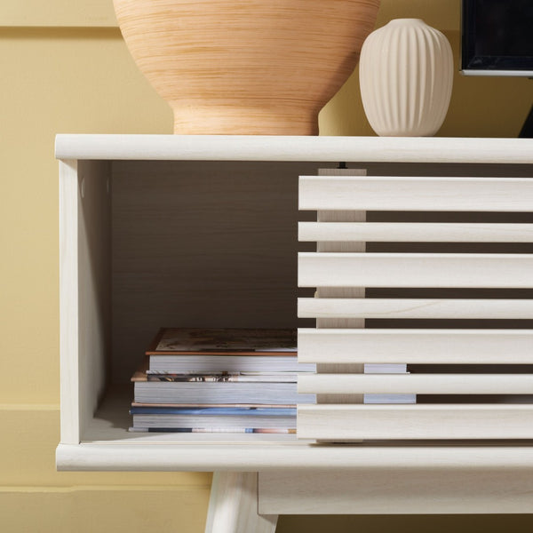 Safavieh Esma Stylish Media Stand With Retro Design, Two Shelves, And Cable Management For Modern Spaces Bleached White MED9601C