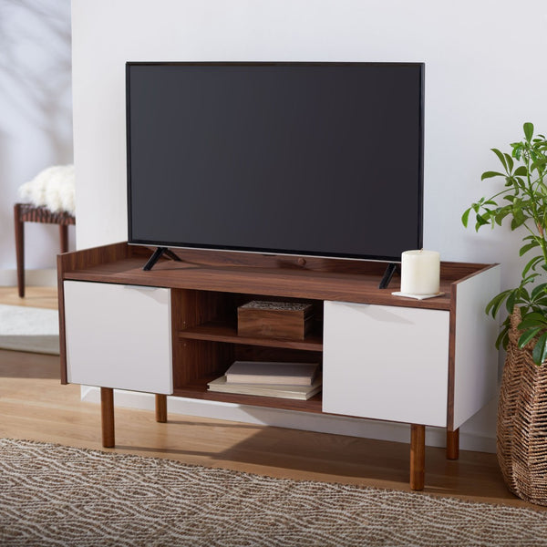 Safavieh Diara Mid-Century Modern Media Stand With Two Doors And Open Shelves For Organized Entertainment Spaces Walnut/White MED9603A