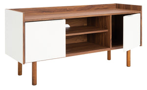 Safavieh Diara Mid-Century Modern Media Stand With Two Doors And Open Shelves For Organized Entertainment Spaces Walnut/White MED9603A