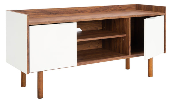 Safavieh Diara Mid-Century Modern Media Stand With Two Doors And Open Shelves For Organized Entertainment Spaces Walnut/White MED9603A