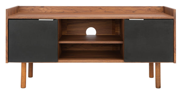 Safavieh Diara Mid-Century Modern Media Stand With Two Doors And Open Shelves For Organized Entertainment Spaces Walnut/Black MED9603B