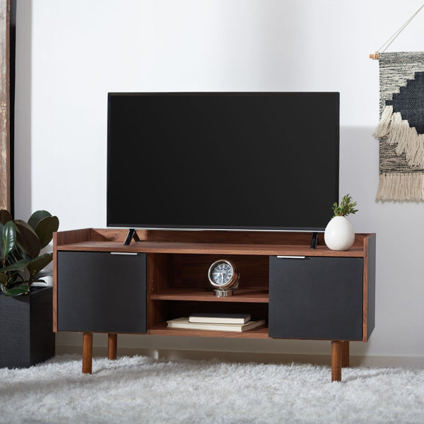 Safavieh Diara Mid-Century Modern Media Stand With Two Doors And Open Shelves For Organized Entertainment Spaces Walnut/Black MED9603B