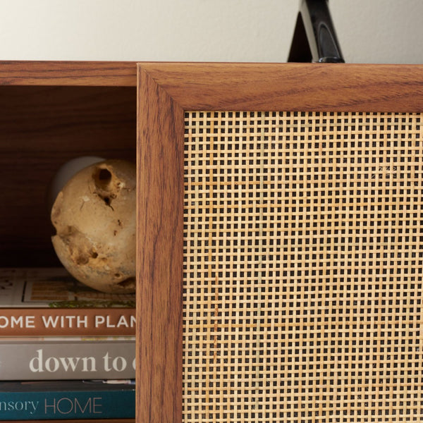 Safavieh Silvanna 2-Door Media Stand - Walnut Finish With Rattan Panels, Stylish Storage For Modern Living Spaces MED9604A