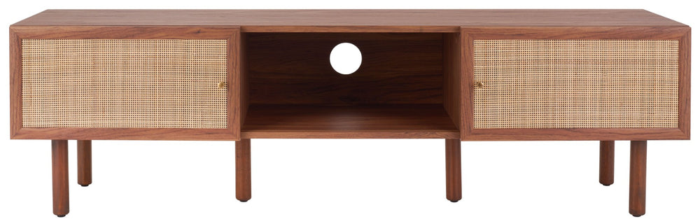 Safavieh Silvanna 2-Door Media Stand - Walnut Finish With Rattan Panels, Stylish Storage For Modern Living Spaces MED9604A