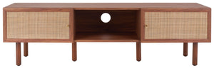 Safavieh Silvanna 2-Door Media Stand - Walnut Finish With Rattan Panels, Stylish Storage For Modern Living Spaces MED9604A