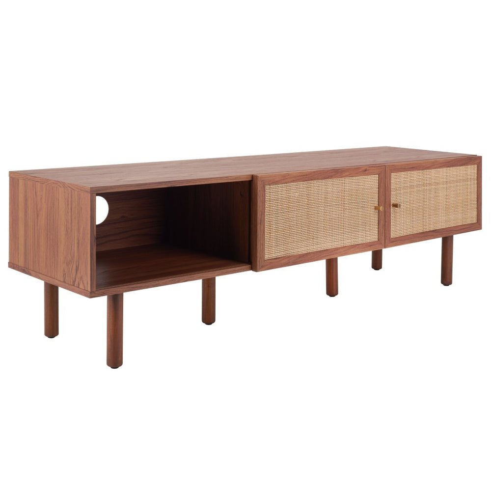 Safavieh Silvanna 2-Door Media Stand - Walnut Finish With Rattan Panels, Stylish Storage For Modern Living Spaces MED9604A