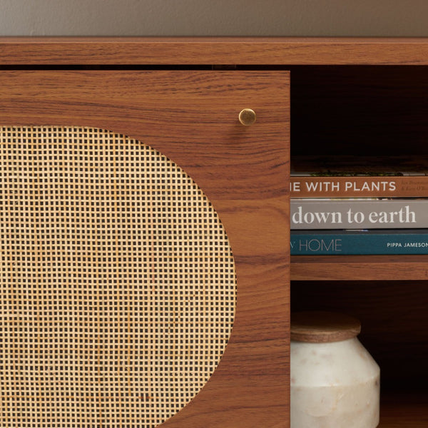 Safavieh Claude Media Stand With Rattan Mesh Design, Two Open Shelves & Sliding Cabinet For Stylish Storage Walnut MED9609A