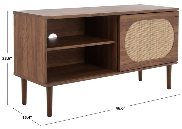 Safavieh Claude Media Stand With Rattan Mesh Design, Two Open Shelves & Sliding Cabinet For Stylish Storage Walnut MED9609A