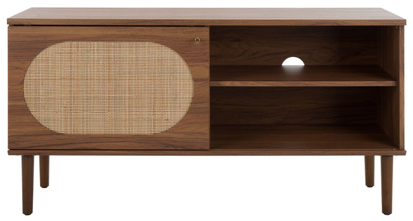 Safavieh Claude Media Stand With Rattan Mesh Design, Two Open Shelves & Sliding Cabinet For Stylish Storage Walnut MED9609A