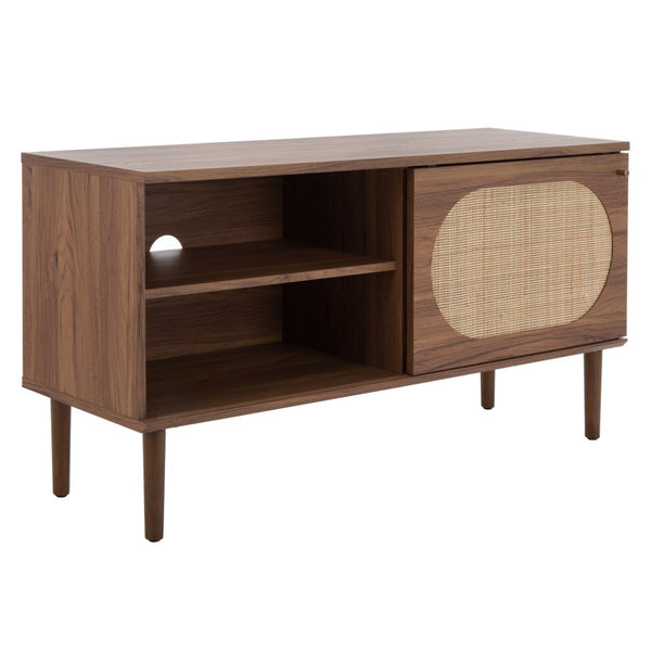 Safavieh Claude Media Stand With Rattan Mesh Design, Two Open Shelves & Sliding Cabinet For Stylish Storage Walnut MED9609A