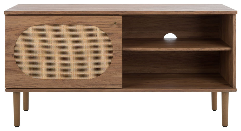 Safavieh Claude Media Stand With Rattan Mesh Design, Two Open Shelves & Sliding Cabinet For Stylish Storage Oak MED9609D