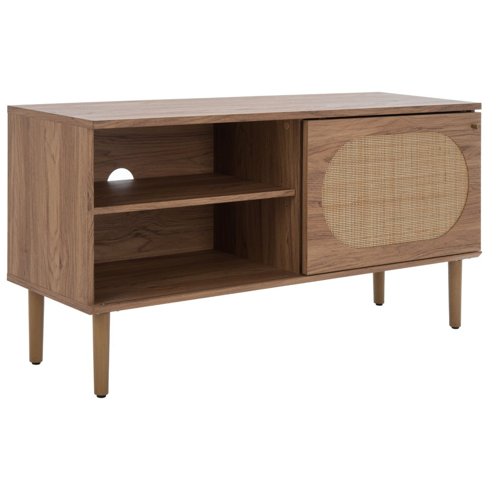 Safavieh Claude Media Stand With Rattan Mesh Design, Two Open Shelves & Sliding Cabinet For Stylish Storage Oak MED9609D