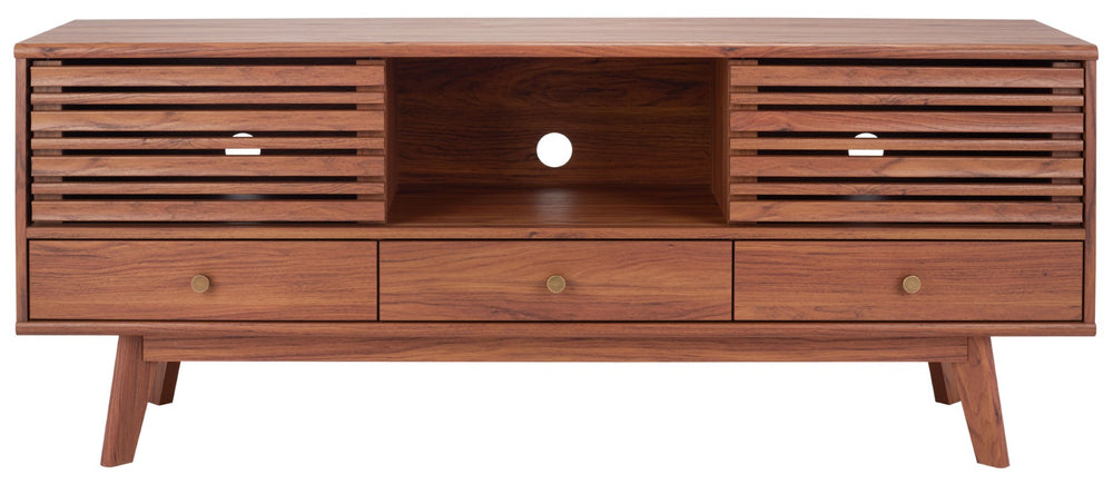 Safavieh Alatar Stylish 3-Drawer Media Stand With Open Shelf For Organized Storage And Timeless Appeal Walnut MED9613A