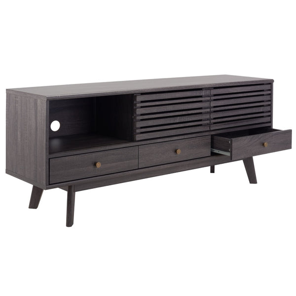 Safavieh Alatar Stylish 3-Drawer Media Stand With Open Shelf For Organized Storage And Timeless Appeal Distressed Black MED9613E