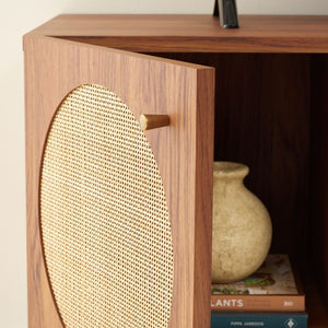 Safavieh Ophelia Contemporary Media Stand With Rattan Mesh, Bold Geometry, And Stylish Storage Solutions Walnut MED9615A