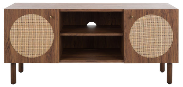 Safavieh Ophelia Contemporary Media Stand With Rattan Mesh, Bold Geometry, And Stylish Storage Solutions Walnut MED9615A