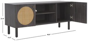 Safavieh Ophelia Contemporary Media Stand With Rattan Mesh, Bold Geometry, And Stylish Storage Solutions Distressed Black MED9615E