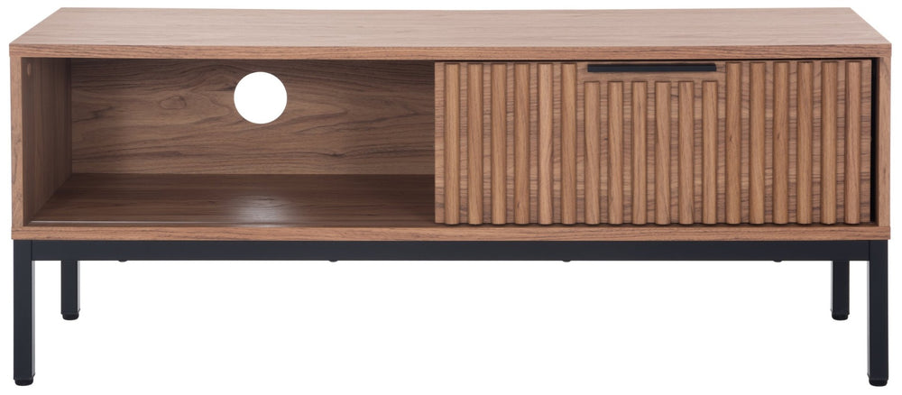 Safavieh Lylia Modern Media Stand With Fluted Cabinet And Open Shelf For Stylish Living Room Organization Oak / Black Legs / Black Handle MED9617D