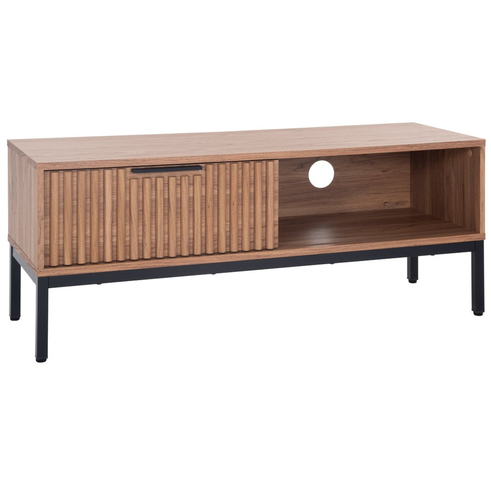 Safavieh Lylia Modern Media Stand With Fluted Cabinet And Open Shelf For Stylish Living Room Organization Oak / Black Legs / Black Handle MED9617D