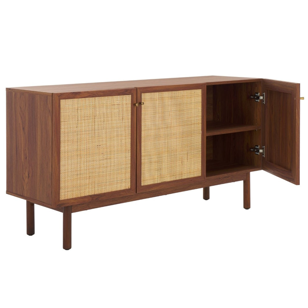 Safavieh Aino 3-Door Sideboard For Stylish Storage, Contemporary Media Stand With Rattan Mesh And Cabinets Walnut MED9618A