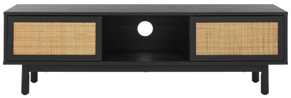Safavieh Aino Elegant Two-Door Media Stand With Rattan Accents And Open Shelving For Stylish Living Spaces Black MED9619B