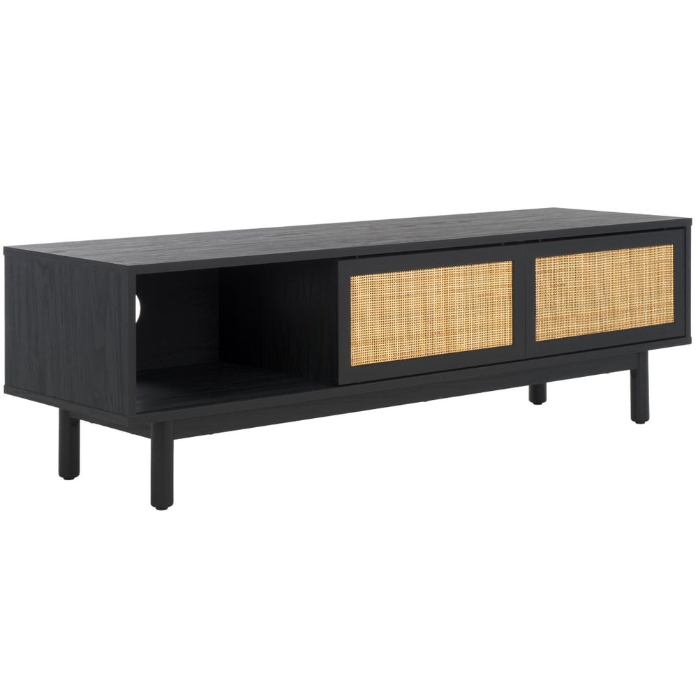 Safavieh Aino Elegant Two-Door Media Stand With Rattan Accents And Open Shelving For Stylish Living Spaces Black MED9619B