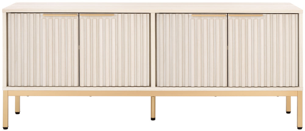 Safavieh Lylia Elegant 4 Door Media Stand With Mid-Century Charm And Practical Storage For Modern Living Rooms Bleached White / Gold Legs / Gold Handle MED9623C