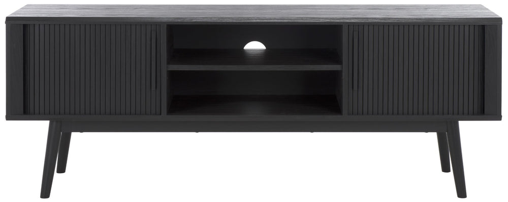 Safavieh Aphra Mid-Century Modern Media Stand With Adjustable Shelves And Smooth Tambour Doors For Stylish Storage Black MED9624B
