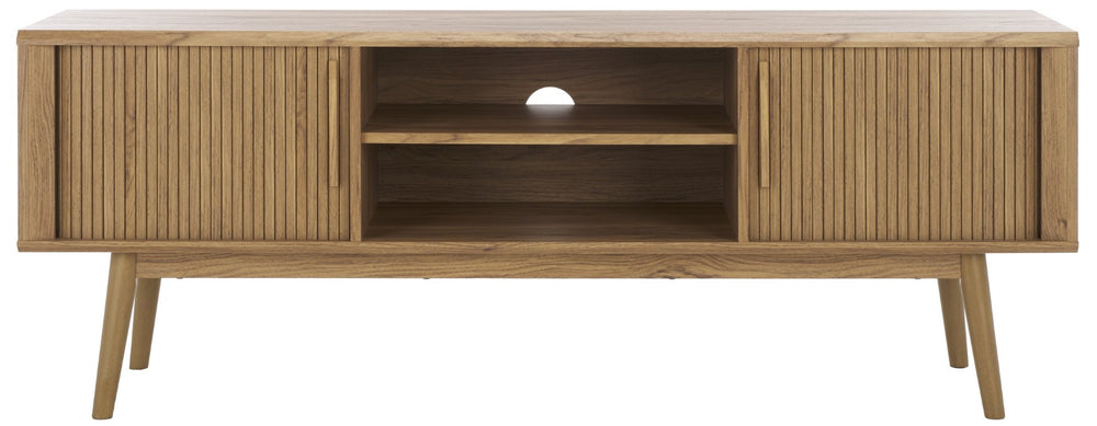 Safavieh Aphra Mid-Century Modern Media Stand With Adjustable Shelves & Tambour Doors - Stylish Oak Finish MED9624D