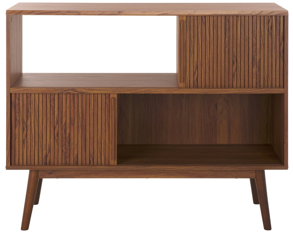 Safavieh Javante Mid-Century Sliding Door Media Stand With Ample Storage, Elegant Walnut Finish For Modern Spaces MED9626A
