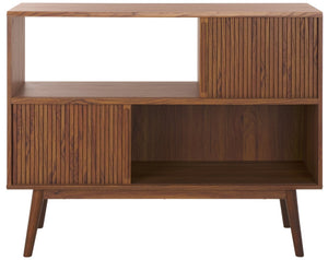 Safavieh Javante Mid-Century Sliding Door Media Stand With Ample Storage, Elegant Walnut Finish For Modern Spaces MED9626A